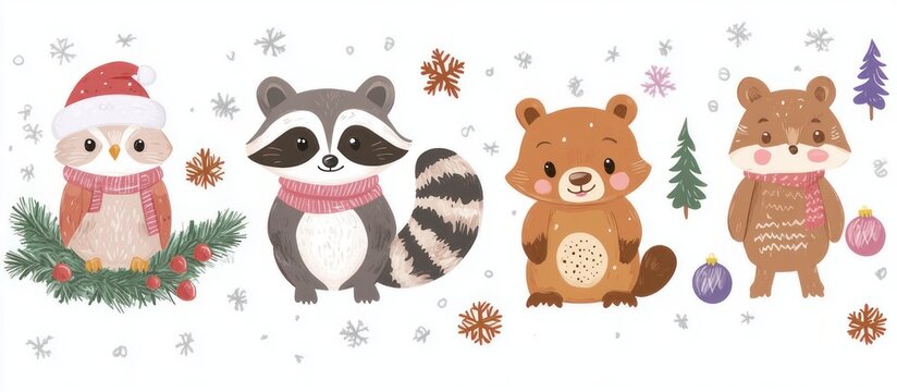 cheerful winter forest animals: owl in a santa hat on a pine branch, raccoon in a pink scarf, smiling bear cub and chipmunk with ornaments and small trees amid falling snowflakes