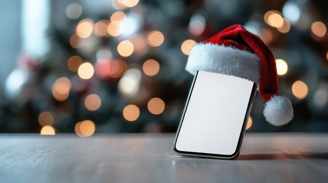 smartphone with blank screen wearing a festive red holiday hat on wooden tabletop, warm christmas bokeh lights and cozy cheerful atmosphere