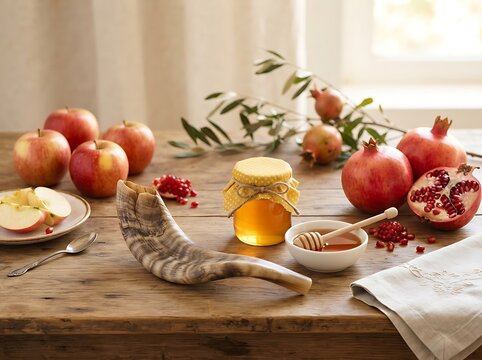 Rosh hashanah celebration table with shofar, apples, honey, and pomegranates on a rustic wooden background for the jewish new year holiday