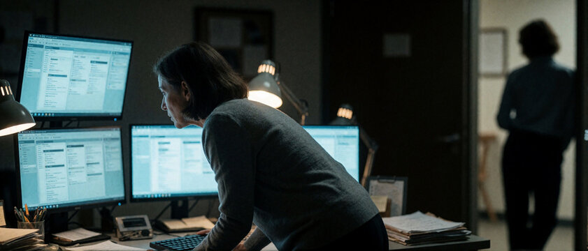 Woman working late at office with multiple monitors, surveillance or investigation concept
