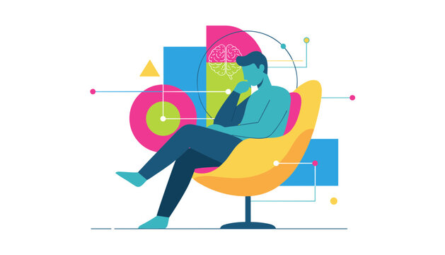 Thoughtful man sitting in comfortable yellow chair thinking deeply with abstract background of glowing brain symbol.