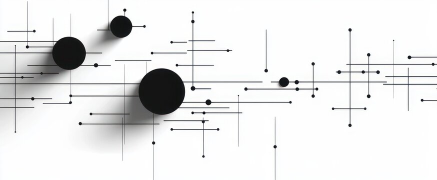 Minimal monochrome composition of black circles, thin horizontal and vertical lines, and small dots with soft shadows conveying calm precision and connected rhythm