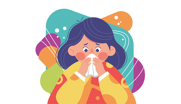 Young girl sick with a cold blowing her nose with a tissue, wrapped in a blanket on a colorful background.