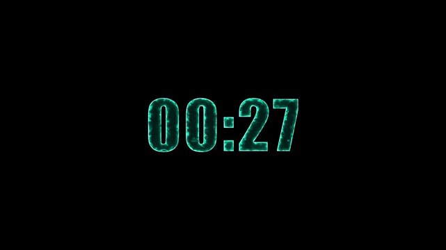 Digital countdown timer animation glowing cyan neon stopwatch for intro, outro, or transition effects