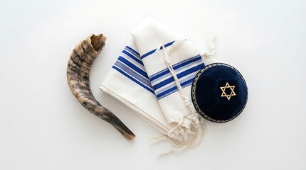 Naklejka premium Shofar, tallit, and kippah isolated on white background