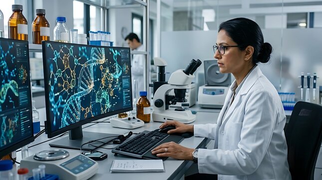 Female scientist working on computer in a modern laboratory looking at complex data structures on large screens while wearing a white lab coat during a research project