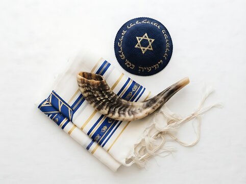 Jewish religious items including a shofar, a tallit prayer shawl, and a kippah isolated on white background