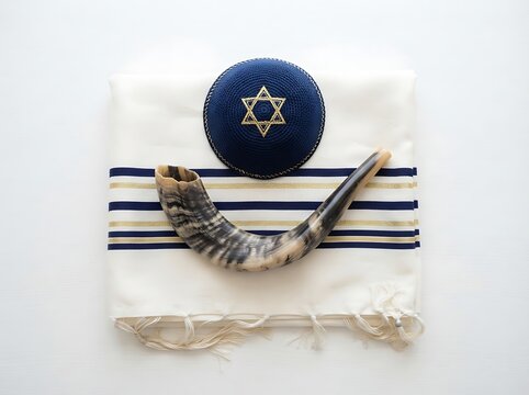 A blue kippah with a star of david and a shofar horn placed on a traditional jewish tallit prayer shawl, isolated on white background