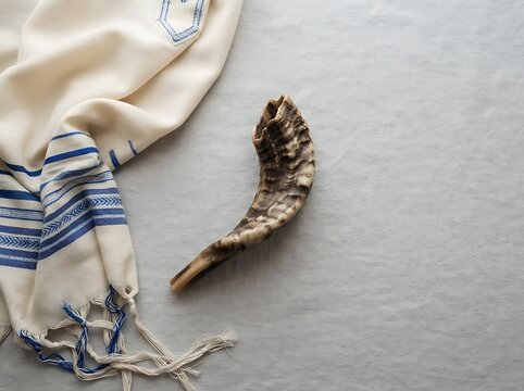 A shofar, a traditional jewish rams horn instrument, placed next to a tallit, a prayer shawl with blue stripes, on a textured light grey surface