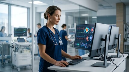 Fototapeta premium Professional female doctor or nurse using computer at desk in a modern hospital ward with medical equipment and monitors showing patient health data and vital signs