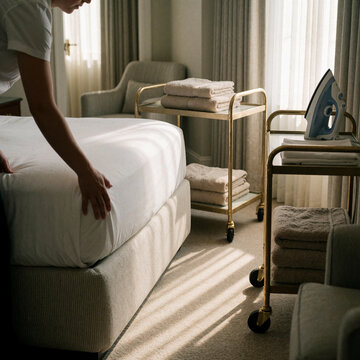Hotel housekeeper making the bed with linen cart and iron