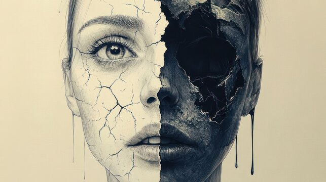 Split portrait of a woman's face: one side cracked dry skin like porcelain, the other a hollow charred skull with dark liquid dripping, evoking haunting decay and melancholy