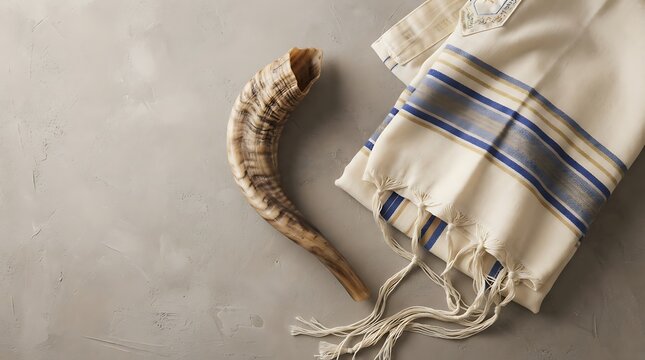 Shofar horn and tallit prayer shawl on a textured grey background, traditional jewish religious symbols for rosh hashanah and yom kippur holidays