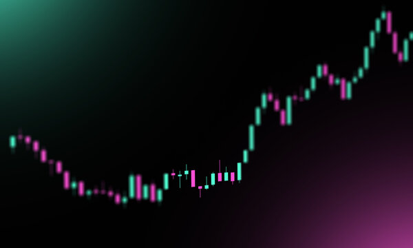 Digital financial candlestick chart with vibrant pink and teal neon indicators on a dark background, illustrating market trends and data analytics.