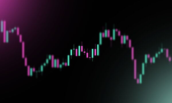 Abstract financial candlestick chart with neon pink and teal glow, representing market volatility and digital trading trends on dark background.