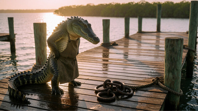 Surreal Alligator in Apron Standing on Wooden Dock at Sunset