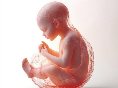 translucent human fetus curled inside a glowing amniotic sac with visible membranes and umbilical cord, serene and protected