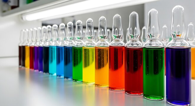 Row of transparent glass vials filled with colorful liquids on a laboratory bench
