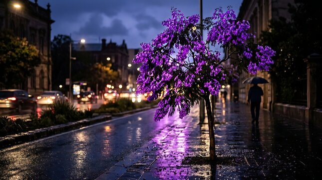 Purple flower tree on a rainy city street at night