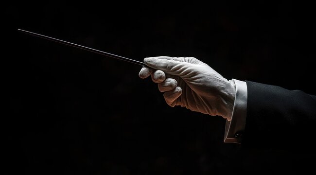 gloved hand holding a conductor baton poised against a dark background, evoking precision and anticipation