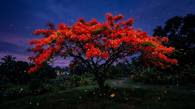 Bright red flamboyant tree blooming in the dark night sky