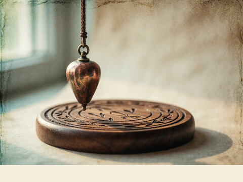 Antique brass pendulum hanging over a carved wooden disc with mystical symbols