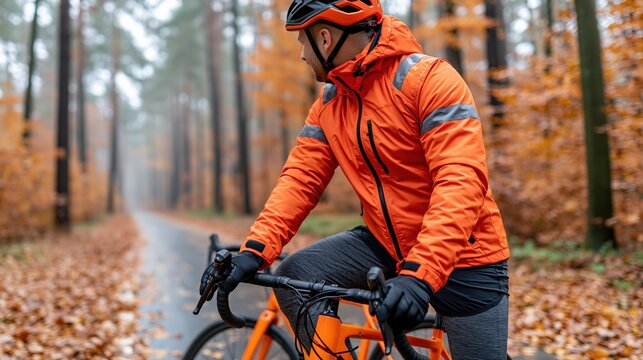 Caucasian male cyclist in an orange reflective jacket looking back on an autumn forest path, ideal for cycling safety, outdoor recreation and awareness concepts.