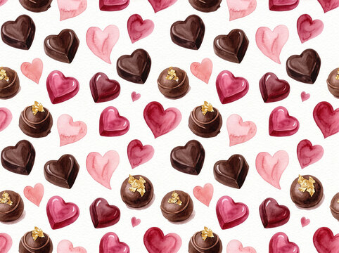 Valentine 193 Watercolor Seamless Pattern of Heart Chocolates, Round Truffles with Gold Leaf and Pink Hearts on White Background（白背景に描かれたハート型チョコレート、金箔付きラウンドトリュフ、ピンクのハートの水彩シームレスパターン）