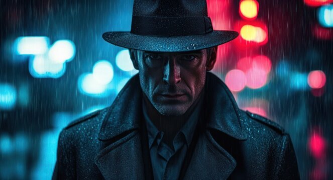 Mysterious figure in fedora and trench coat with obscured face in rainy neon-lit city at night, blue and red bokeh lights, moody enigmatic atmosphere