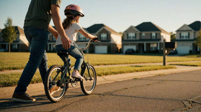 Father teaching daughter to ride a bicycle in suburban neighborhood