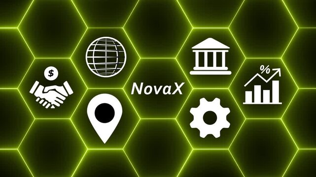 Nova x digital business concept: global finance, growth, and technology on animated green hexagonal grid background
