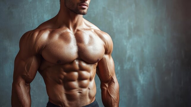 shirtless muscular male torso with defined chest and six-pack abs, powerful confident pose under dramatic lighting