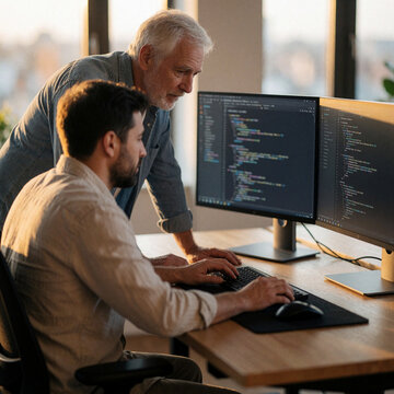 Senior and Junior Developer Pair Programming at Computer Desk with Code on Screens