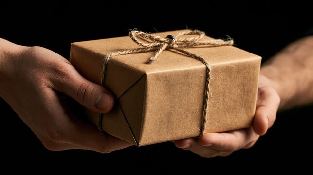 Parcel wrapped in kraft paper and string is passed between hands for delivery or giving.