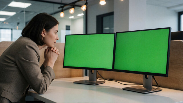 Businesswoman looking at dual green screen monitors in modern office