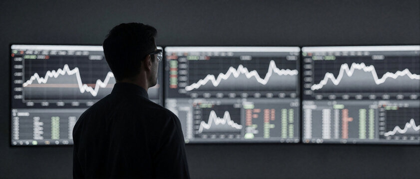 Man looking at financial charts and stock market data on multiple monitors in a dark room