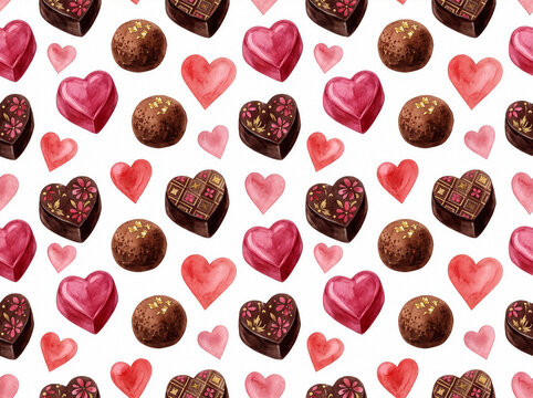 Valentine 195 Watercolor Seamless Pattern of Decorated Heart Chocolates, Truffles with Gold Leaf and Pink Hearts on White Background（白背景に描かれた模様入りハート型チョコレート、金箔付きトリュフ、ピンクのハートの水彩シームレスパターン）