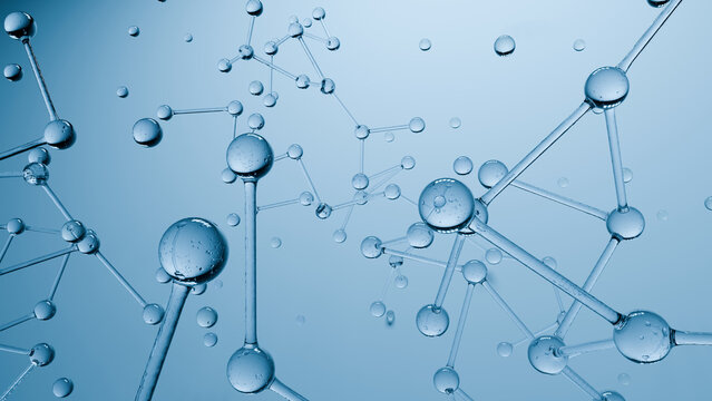 Molecule, water, blue, abstract, science, network, sphere structure with droplet connection on clean background