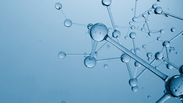 Molecule, atom, science, chemistry, network, blue abstract molecular structure with bubble sphere on clean background