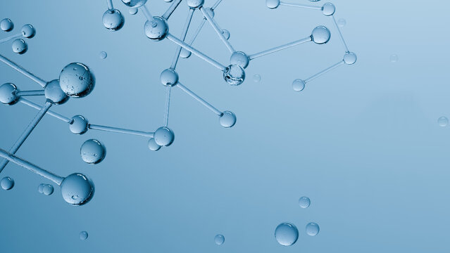 Molecule, bubble, blue, science, chemistry, water abstract structure with connected sphere on soft background