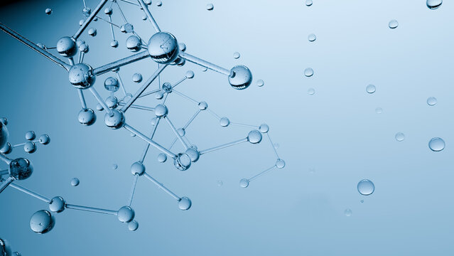 Molecule, water, bubble, blue, science, network, abstract liquid structure with clean medical technology concept
