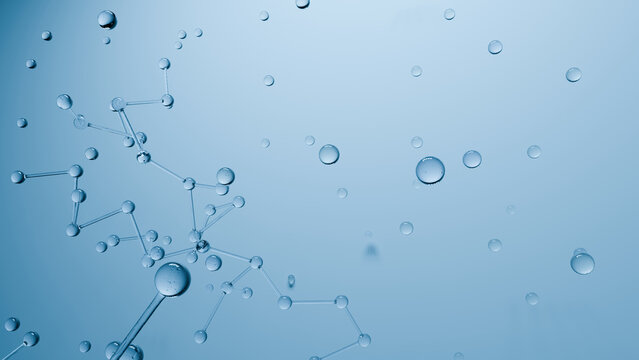 Water bubble molecule blue abstract science background with floating droplet and connected structure in clean liquid concept