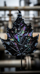 Obraz premium Abstract Autumn Leaf Coated in Iridescent Oil Slick Reflecting Industrial Pipes, Symbolizing Pollution and Nature's Struggle