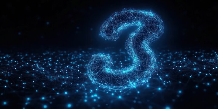 glowing blue wireframe number three hovering above a grid of connected nodes in a futuristic digital network, evoking innovation and wonder