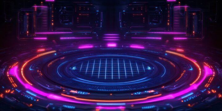 Futuristic glowing circular holographic platform with neon rings, blue grid and illuminated panels inside a dark cyberpunk control chamber, sleek energetic high-tech atmosphere