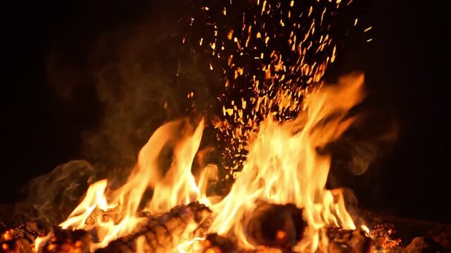 Close up of vibrant orange flames flickering on burning wood logs in a campfire at night with glowing sparks