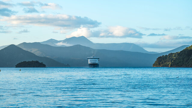 An inter island ferry is seen travelling in the Sounds.