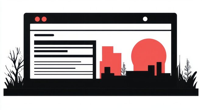 Minimal web browser window showing text blocks alongside a silhouetted city skyline and foreground plants against a large red sun, conveying a calm modern dusk atmosphere