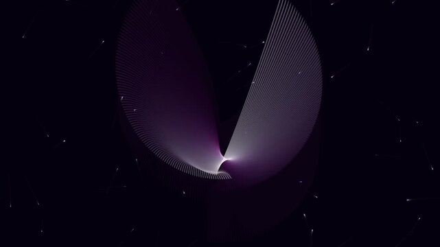 Luminous violet and magenta silk filaments morph in a fluid harmonic wave across a dark background. Glowing 3D particle ribbons flow gracefully, making this motion graphic ideal for tech promos, futur