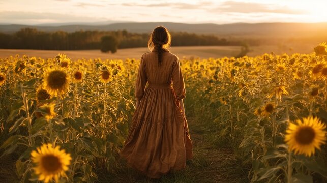Woman Walking Through Sunflower Field at Golden Sunset